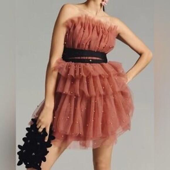 Maeve by Anthropologie Dresses & Skirts - NEW – Maeve Anthropologie Strapless Tiered Tulle Mini Dress Pink Beaded Size 6